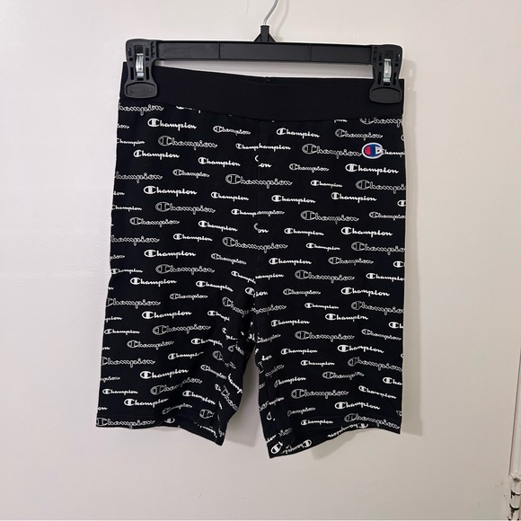 Women’s Champion Logo All Over Print Black and White Athletic Biker Shorts - Picture 1 of 3